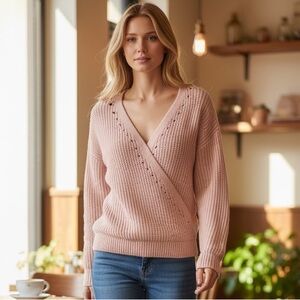 ABERCROMBIE & FITCH LIGHT PINK BALLET WRAP POINTELLE KNIT V-NECK SWEATER SIZE M